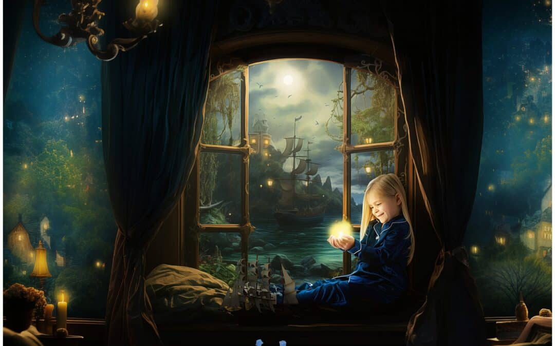 A girl in blue pajamas sits by a window at night, holding a glowing object, with a fantasy landscape including a ship and a moonlit sky outside.