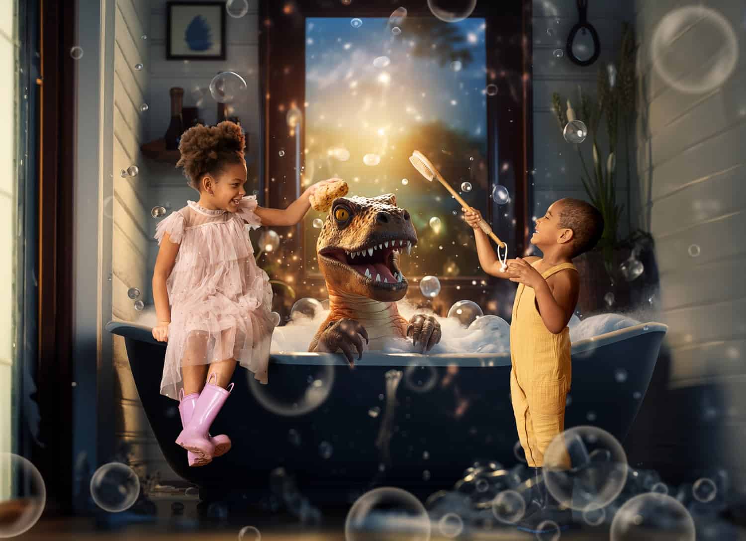 Two children joyfully give a toy T-Rex a bubble bath; one scrubs its head, and the other holds a brush. Bubbles float around them in a cozy, well-lit bathroom.