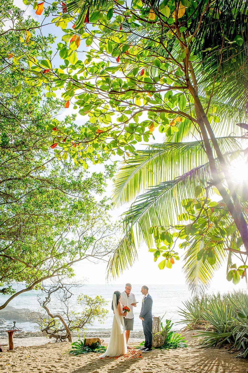 A couple stands under lush trees during their wedding ceremony on a sunny beach, with a man officiating the event. The ocean is visible in the background.