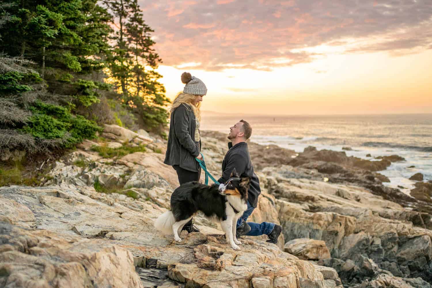 A man kneels on a rocky shoreline, proposing to a woman with a dog beside them, against a sunset backdrop.