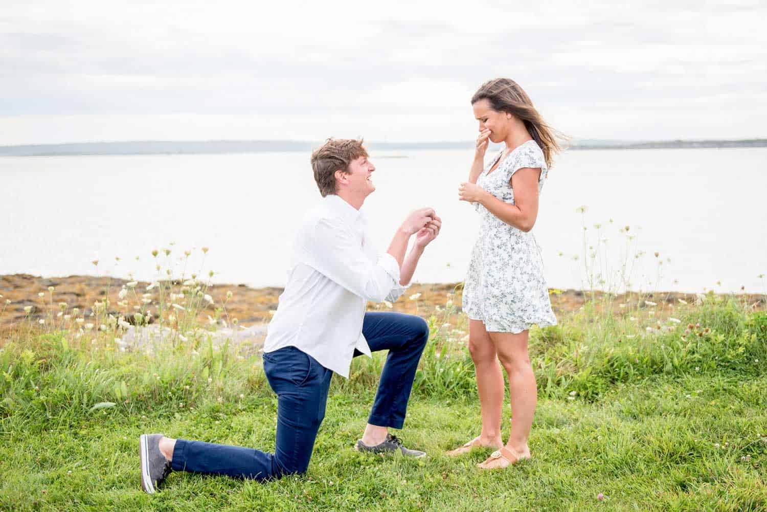 A man kneels and proposes to a woman near a body of water, with both smiling. They are surrounded by grass and wildflowers with a calm, cloudy sky.