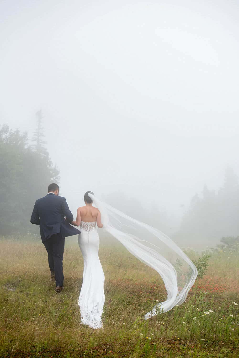 A bride and groom walk hand in hand through a foggy field. The bride's long veil trails behind her, and the groom is in a dark suit. Trees are faintly visible in the background.