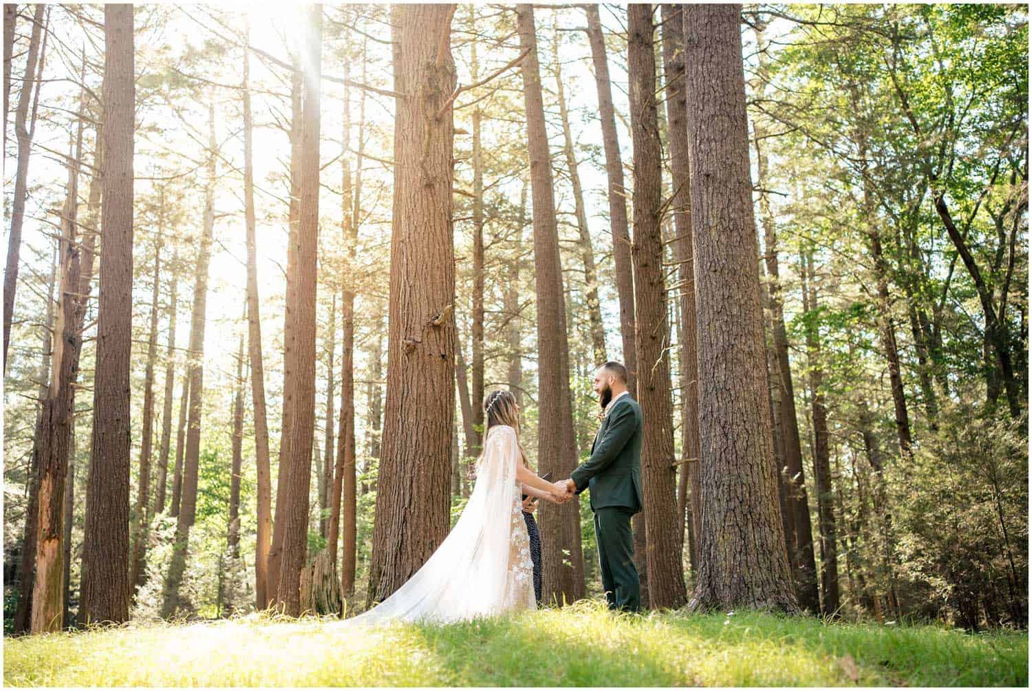 A couple in formal attire stands holding hands in a forest, sunlight filtering through the tall trees. The bride wears a long veil.