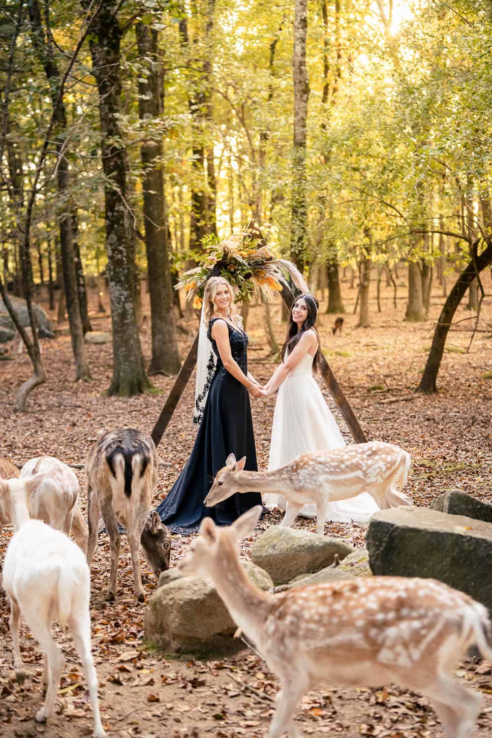 Two women in formal dresses holding hands in a forest, surrounded by deer. A floral arch is in the background, and the ground is covered in fallen leaves.