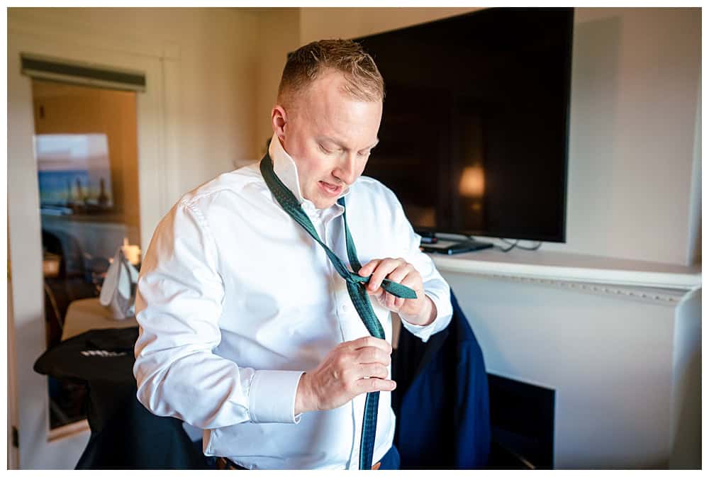 Acadia Wedding Photographers, Bar Harbor Wedding Photographers, groom ties his tie