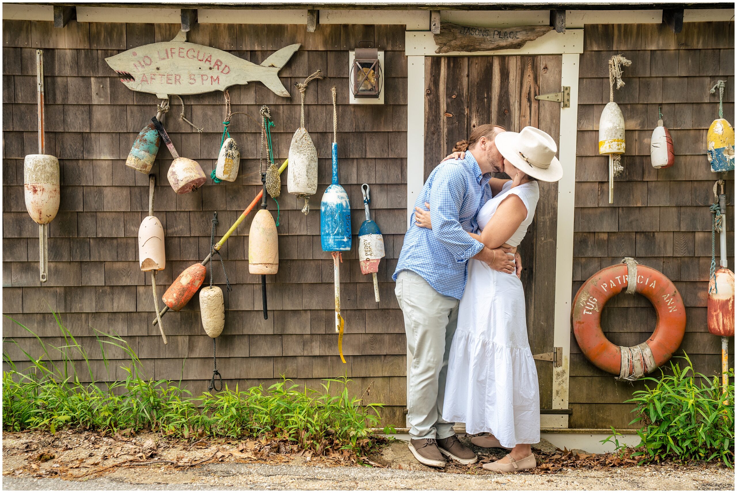 Phippsburg Engagement Session, 1774 Inn Wedding, buoy wall