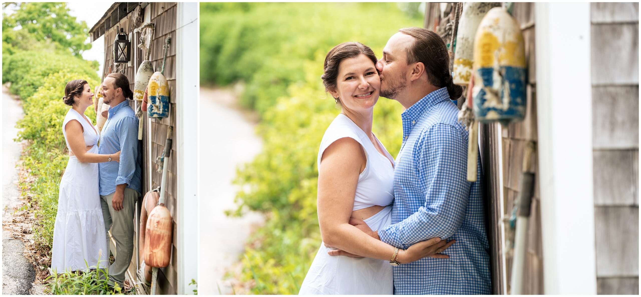 Phippsburg Engagement Session, 1774 Inn Wedding, buoy wall