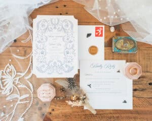 Wedding invitations with a coastal and rustic flare. Shark Teeth!