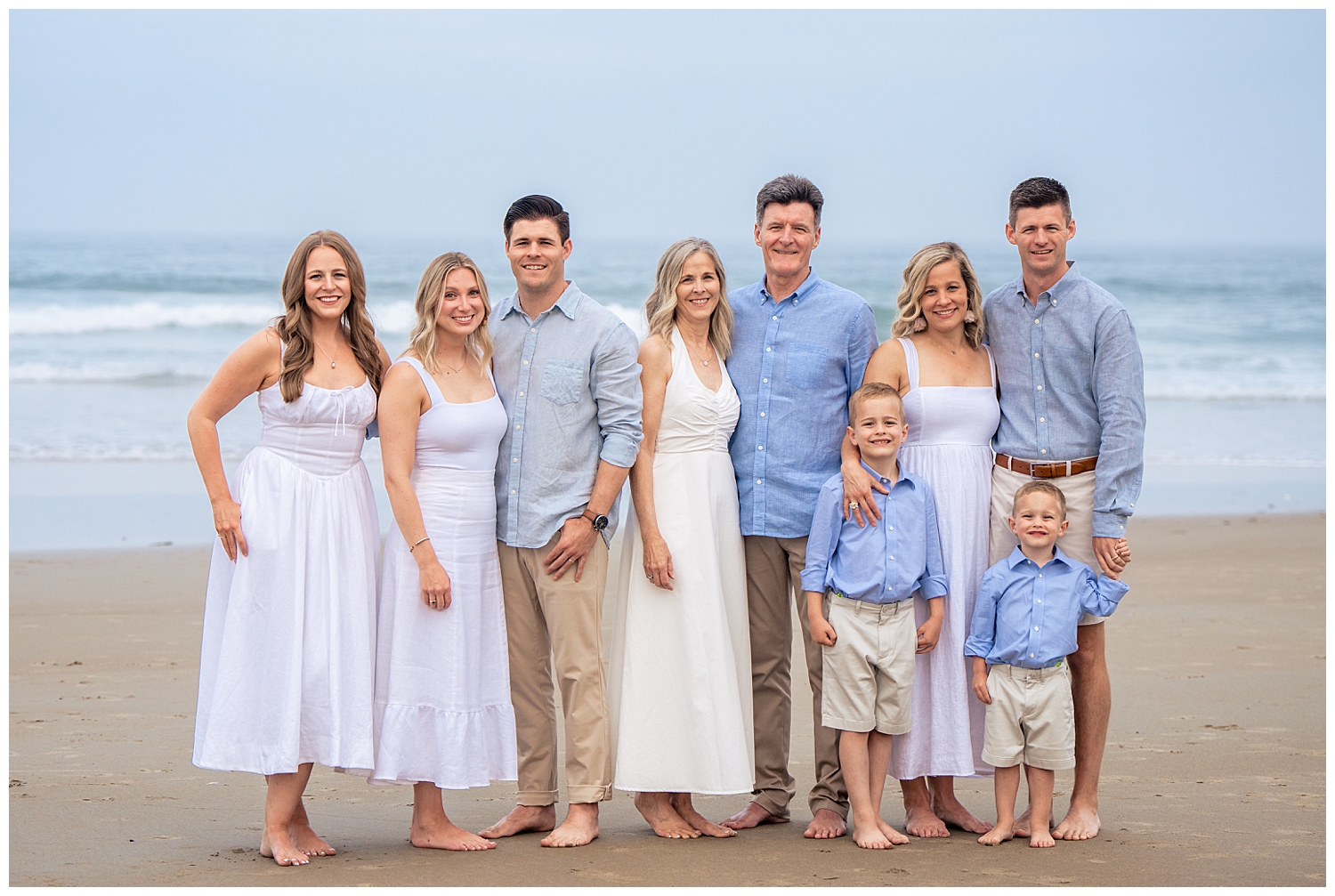 Family dressed in blues and whites for their Wells Beach Family Portraits captured by Wells Beach Family Photographer