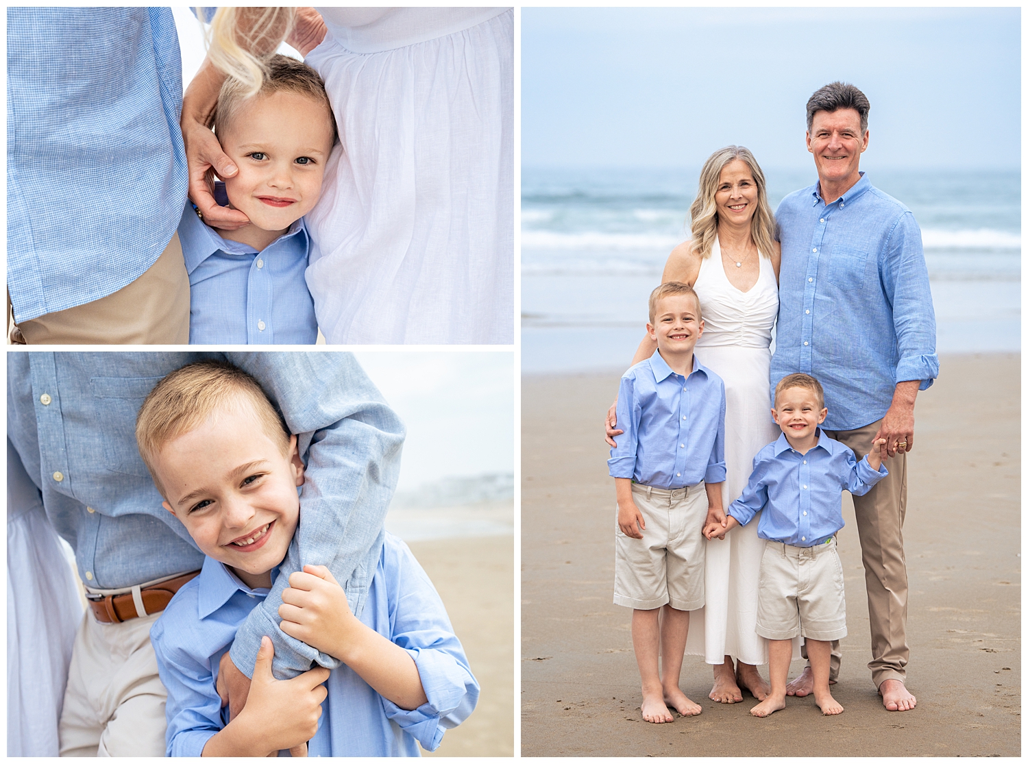 Family dressed in blues and whites for their Wells Beach Family Portraits captured by Wells Beach Family Photographer