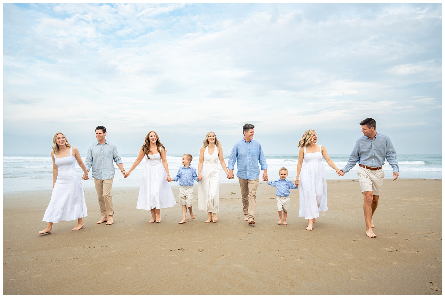 Family dressed in blues and whites for their Wells Beach Family Portraits captured by Wells Beach Family Photographer