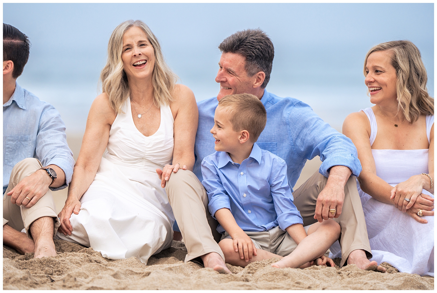 Family dressed in blues and whites for their Wells Beach Family Portraits captured by Wells Beach Family Photographer