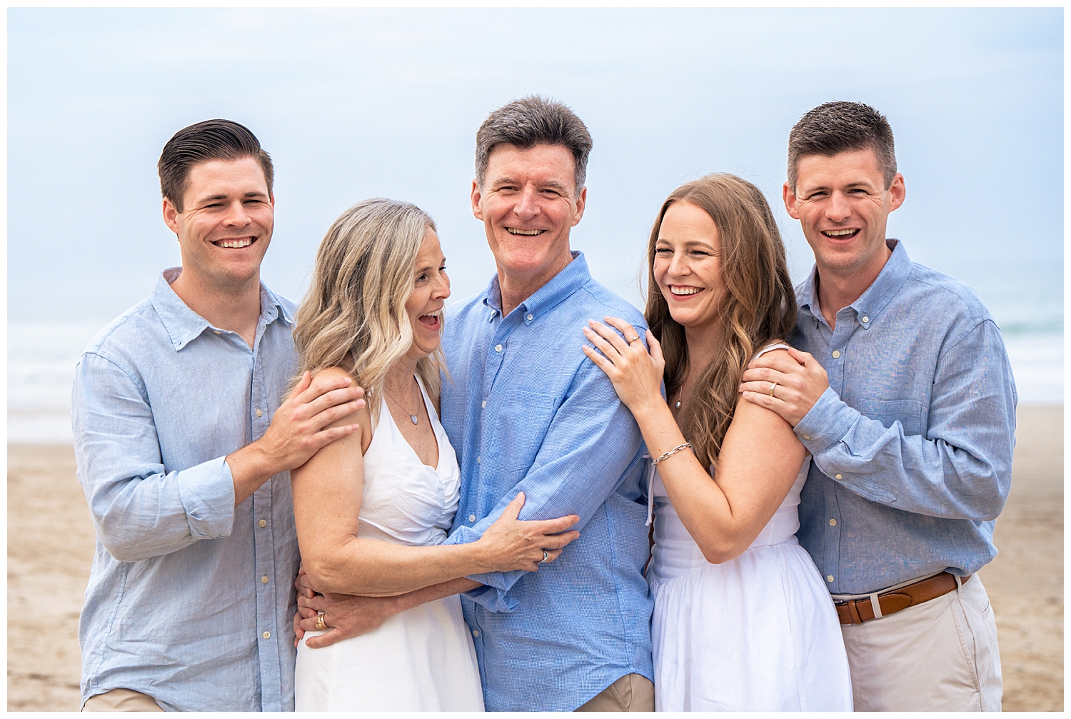 Family dressed in blues and whites for their Wells Beach Family Portraits captured by Wells Beach Family Photographer