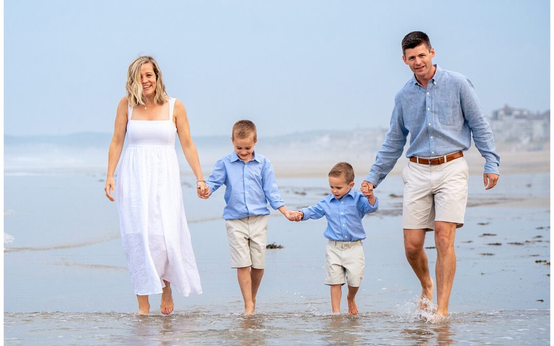 Family dressed in blues and whites for their Wells Beach Family Portraits captured by Wells Beach Family Photographer