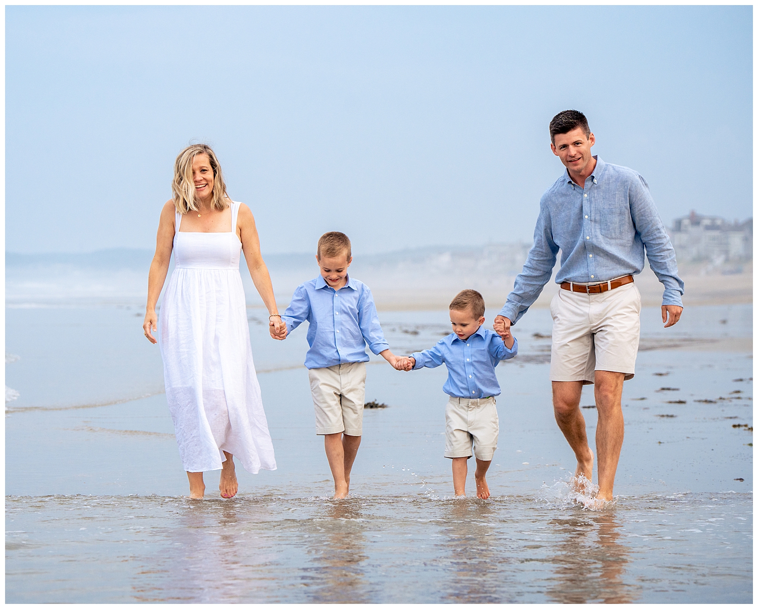 Family dressed in blues and whites for their Wells Beach Family Portraits captured by Wells Beach Family Photographer