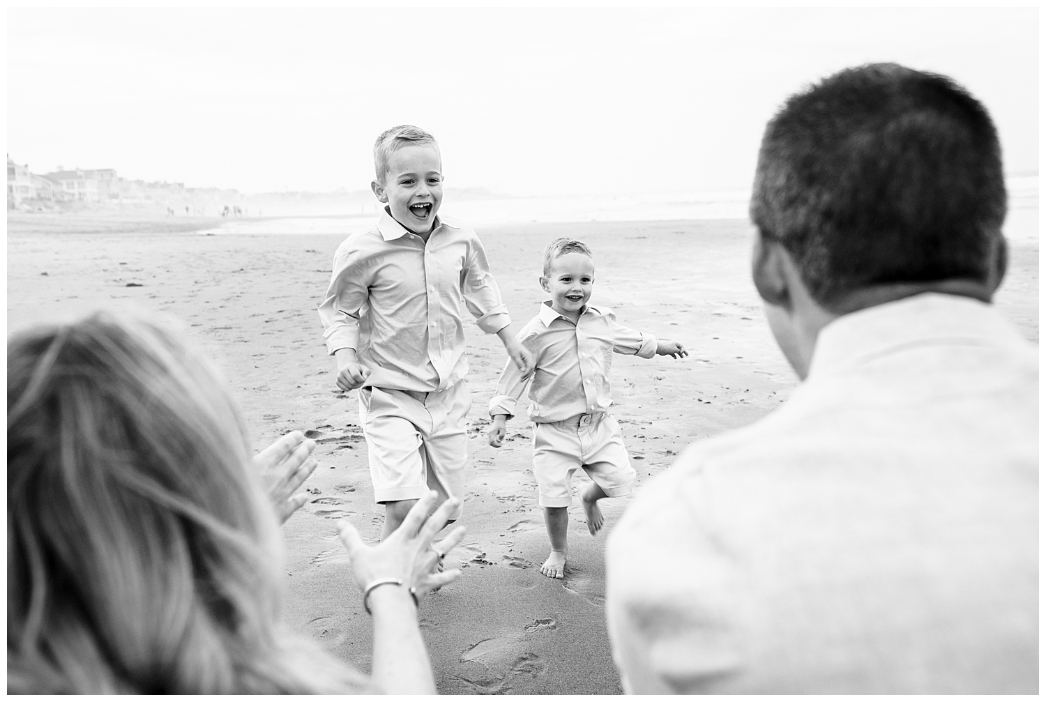 Family dressed in blues and whites for their Wells Beach Family Portraits captured by Wells Beach Family Photographer