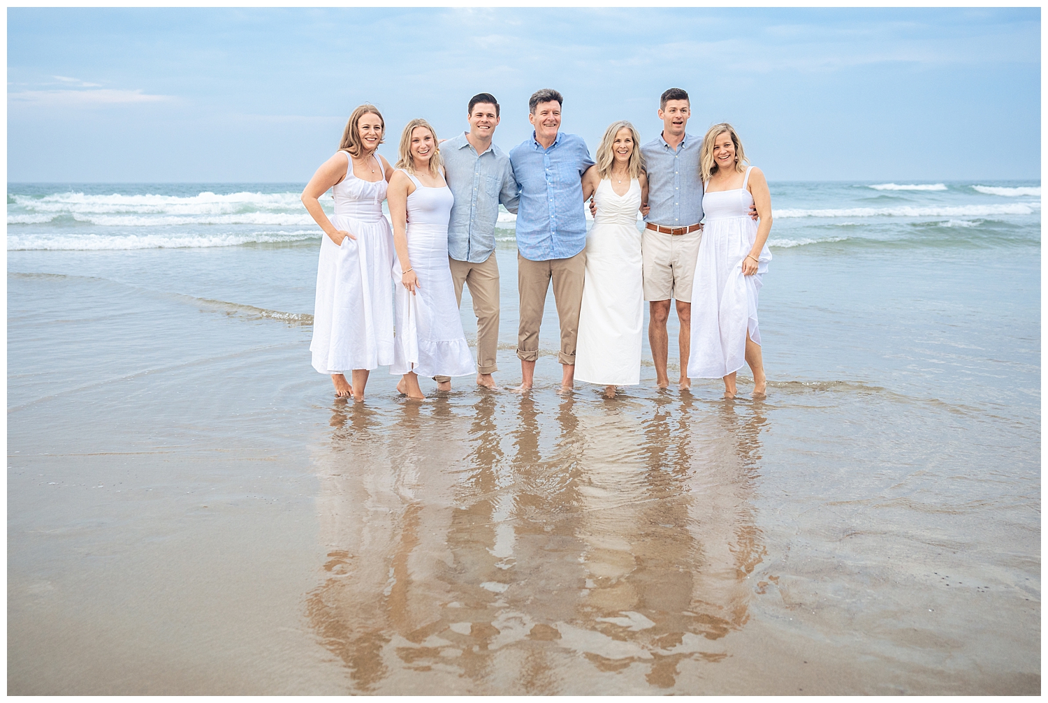 Family dressed in blues and whites for their Wells Beach Family Portraits captured by Wells Beach Family Photographer