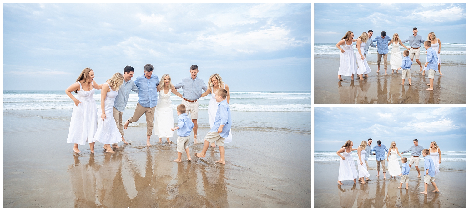 Family dressed in blues and whites for their Wells Beach Family Portraits captured by Wells Beach Family Photographer