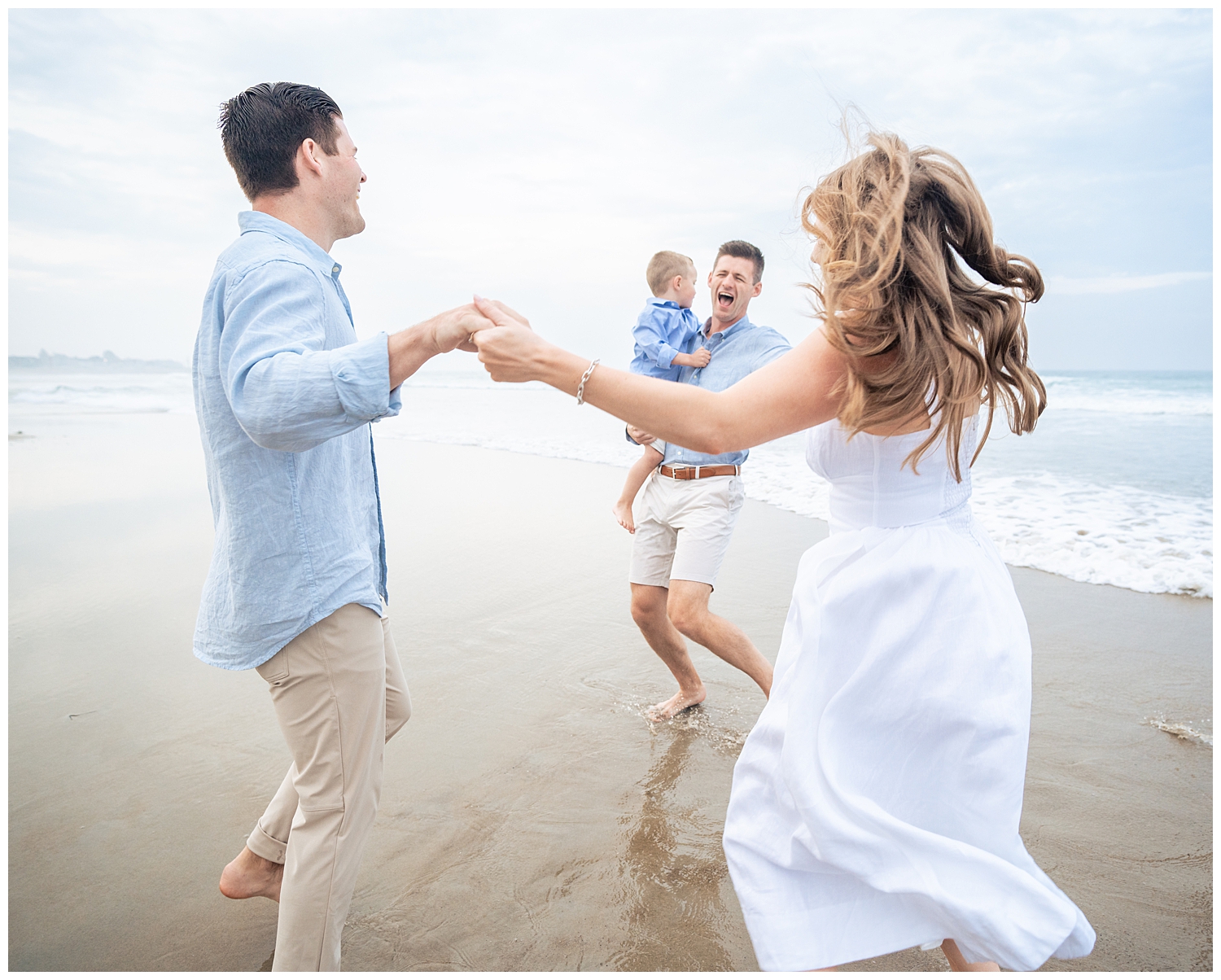 Family dressed in blues and whites for their Wells Beach Family Portraits captured by Wells Beach Family Photographer