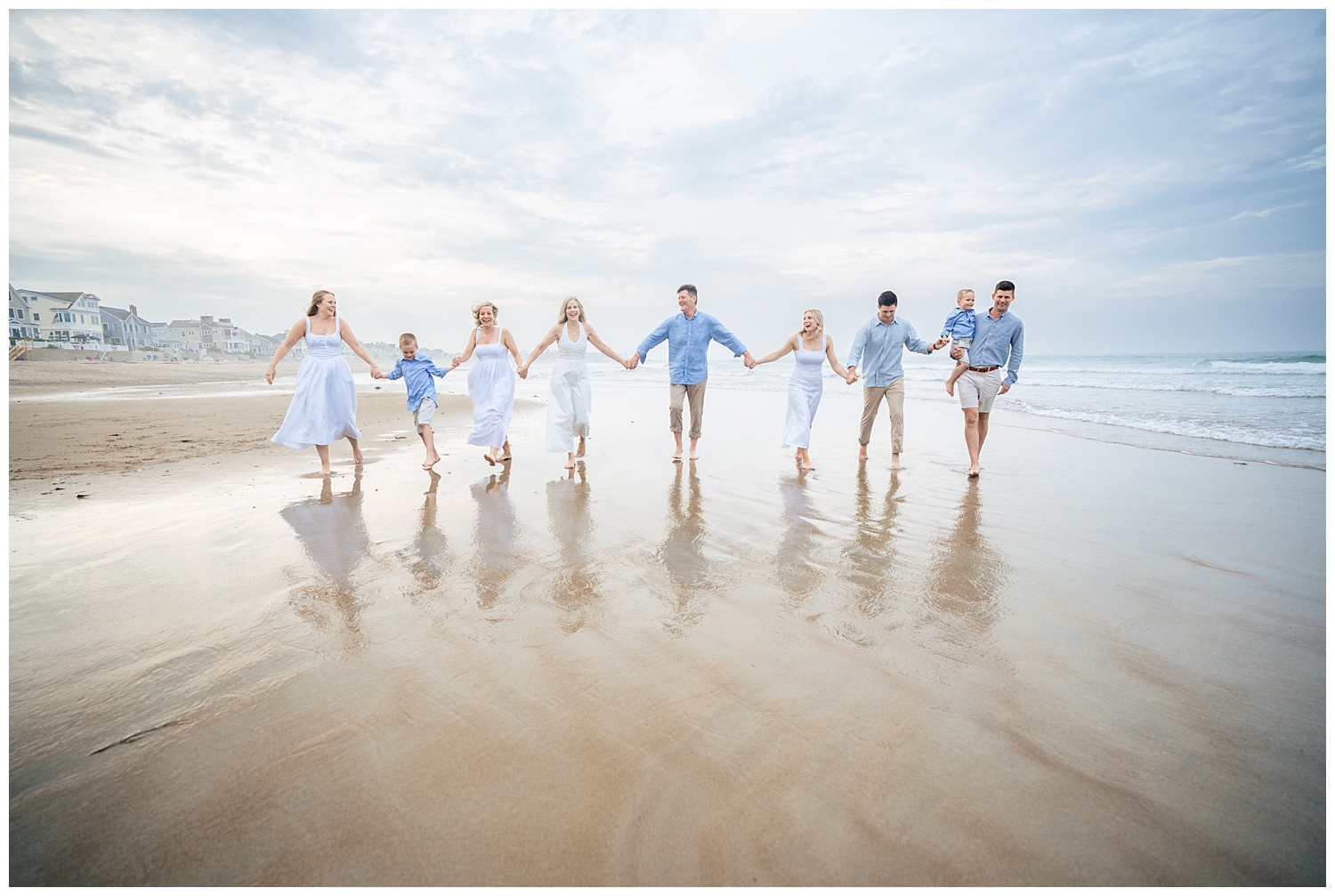 Family dressed in blues and whites for their Wells Beach Family Portraits captured by Wells Beach Family Photographer