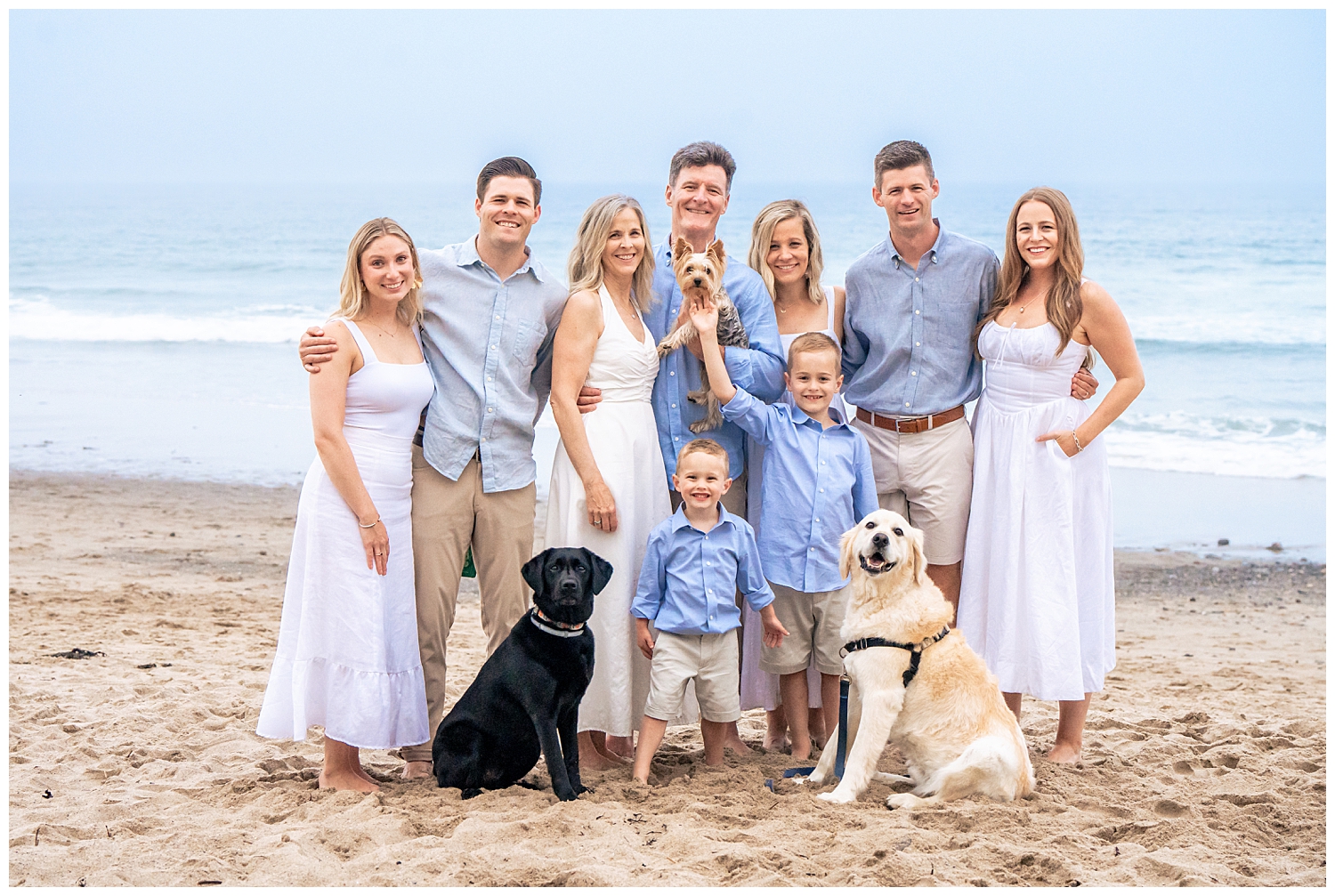 Family dressed in blues and whites for their Wells Beach Family Portraits captured by Wells Beach Family Photographer