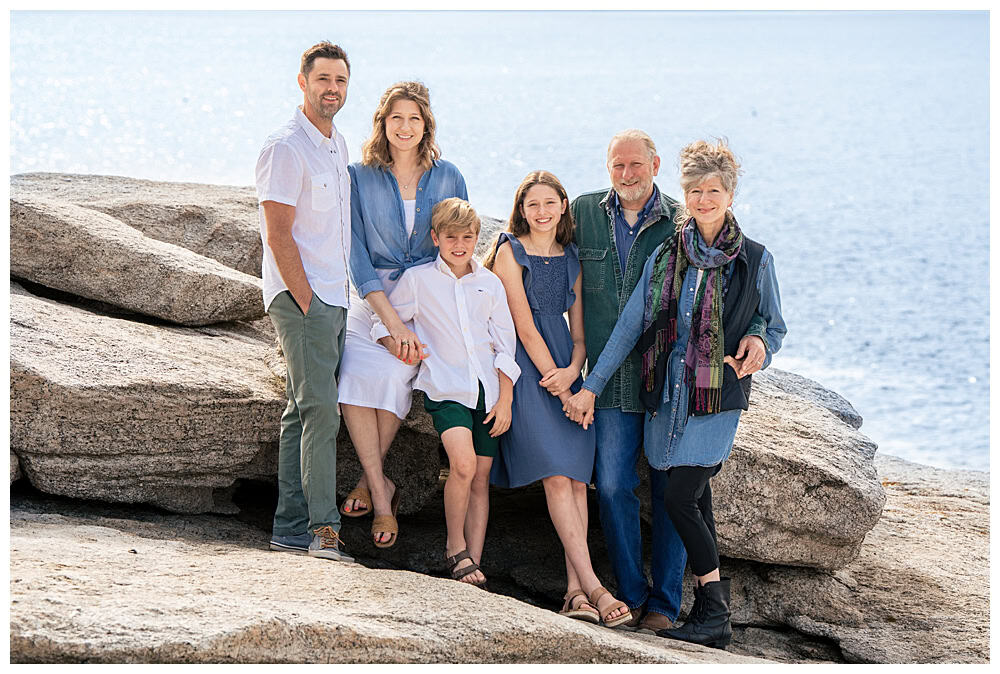 Extended family portraits on the back rocky shore of Squirrel Island. Squirrel Island Family Photography by Boothbay Harbor Family Photographer, Two Adventurous Souls
