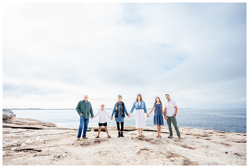 Extended family portraits on the back rocky shore of Squirrel Island. Squirrel Island Family Photography by Boothbay Harbor Family Photographer, Two Adventurous Souls