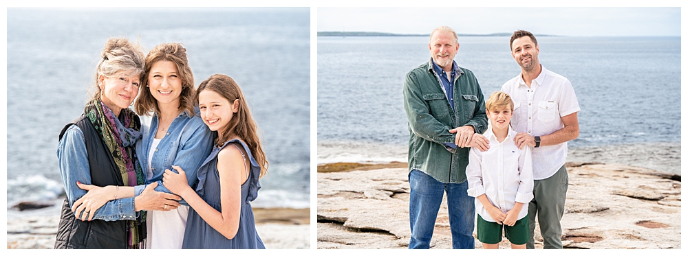 Extended family portraits on the back rocky shore of Squirrel Island. Squirrel Island Family Photography by Boothbay Harbor Family Photographer, Two Adventurous Souls