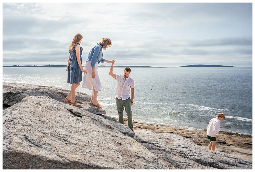 Extended family portraits on the back rocky shore of Squirrel Island. Squirrel Island Family Photography by Boothbay Harbor Family Photographer, Two Adventurous Souls