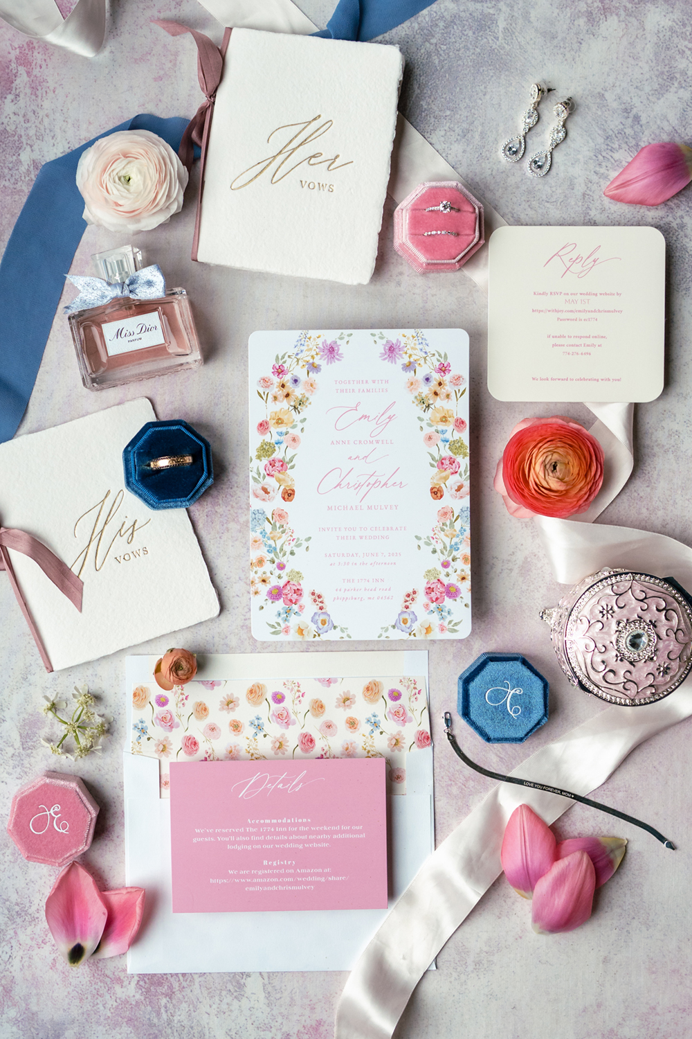 1774 Inn Wedding Photographer captures all the wedding day details in an invitation flat lay.