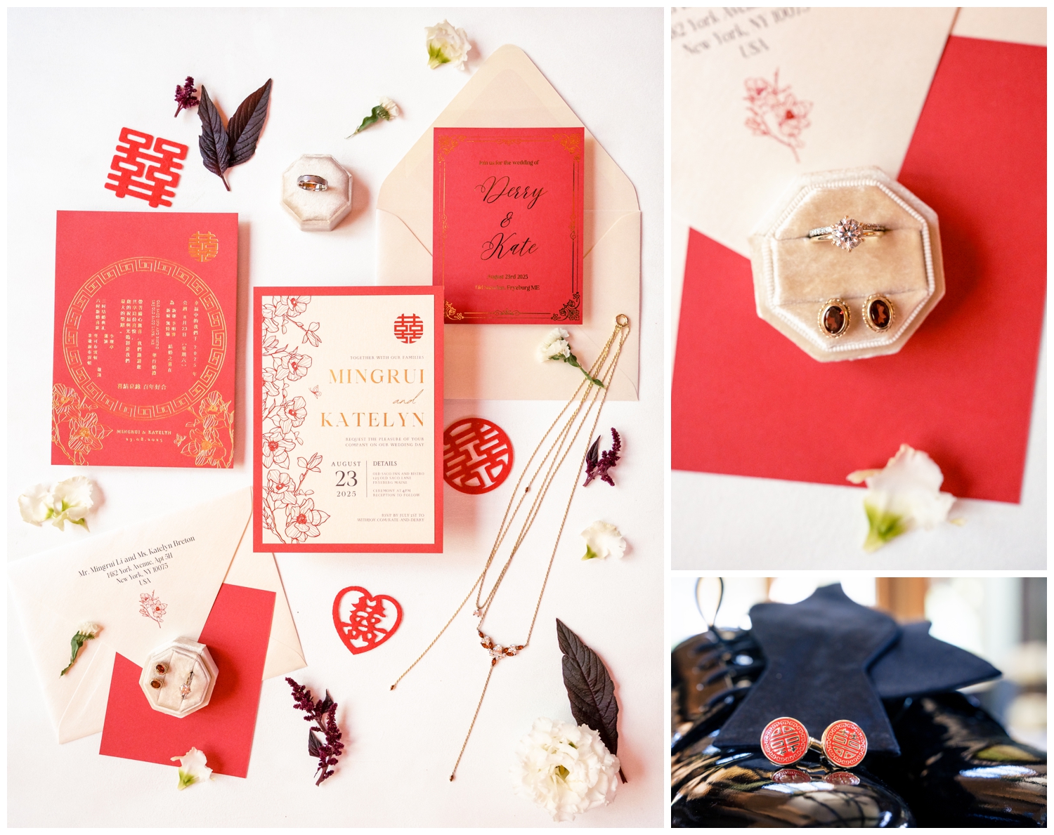 Old Saco Inn Wedding Photographers, Fryeburg Maine Wedding Photographers, Two Adventurous Souls. Chinese themed wedding invitations, REd Wedding Invitations