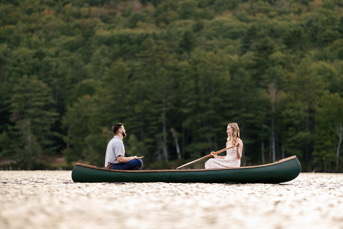 Maine Lake Engagement Session, Romantic Lake Portraits, Canoe Engagement Session,