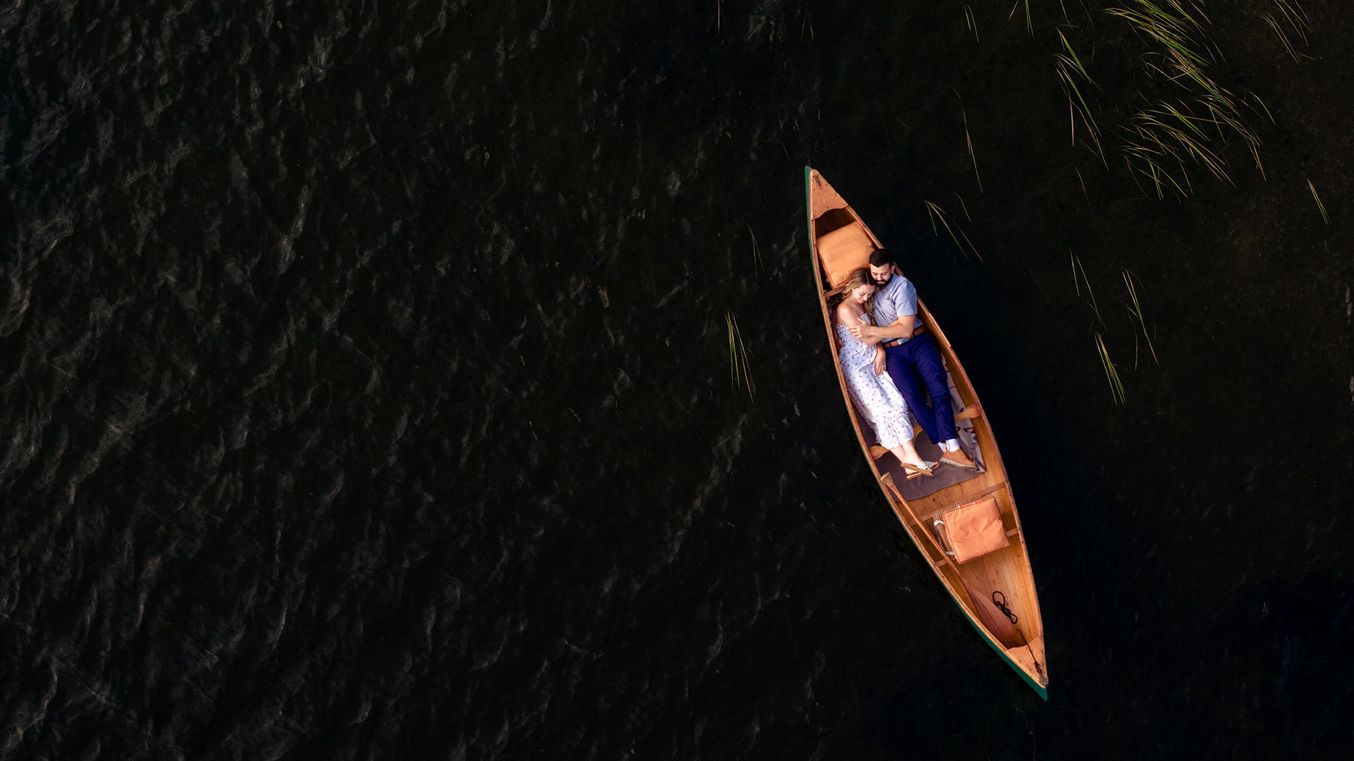 Maine Lake Engagement Session, Romantic Lake Portraits, Drone Photographer in Maine, Engagement Session on a boat