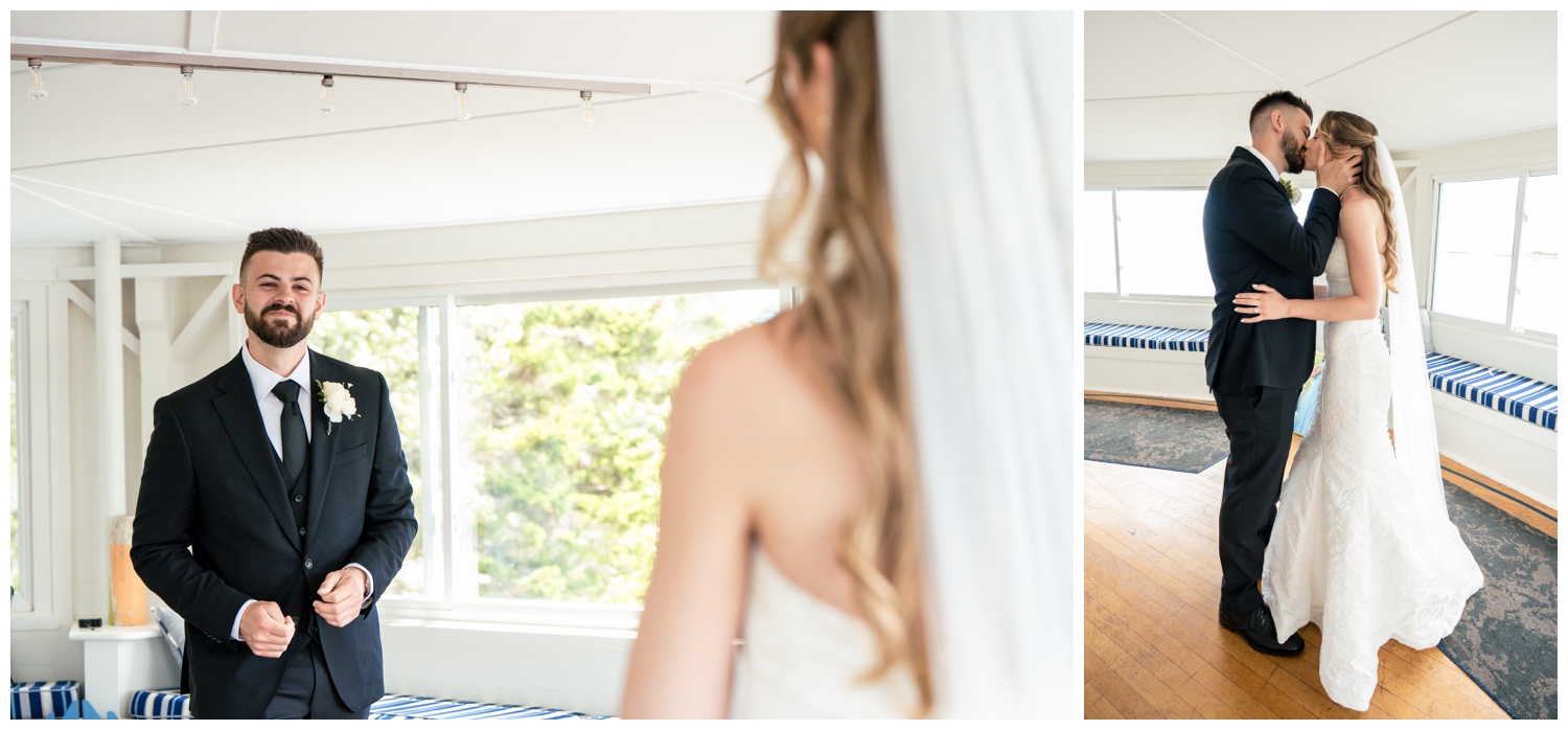 Sebasco Harbor Resort Wedding Photographers Capture the first look in the Lighthouse