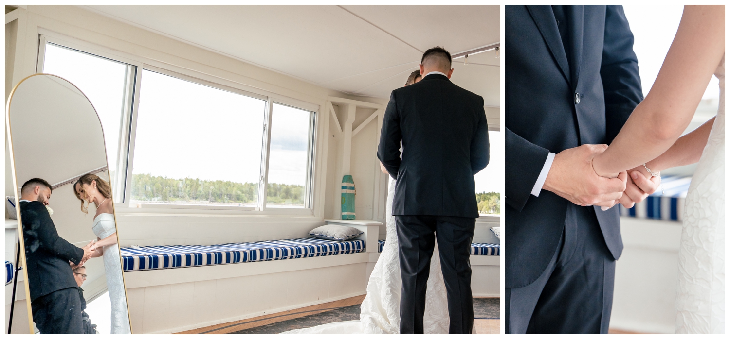 Sebasco Harbor Resort Wedding Photographers Capture the first look in the Lighthouse