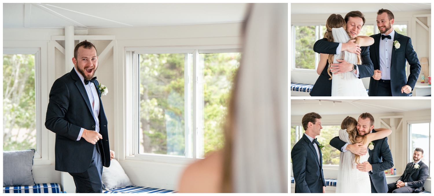 Sebasco Harbor Resort Wedding Photographers Capture the first look in the Lighthouse